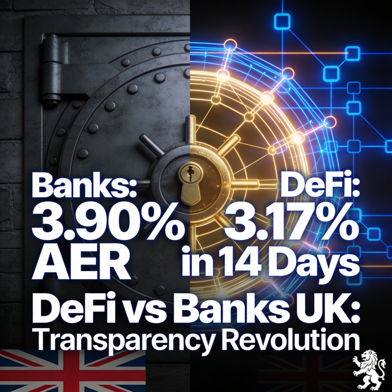 Split graphic comparing UK banks (3.90% AER Cash ISA, vault icon) vs DeFi protocol (3.17% in 14 days, blockchain network). Title: "DeFi vs B