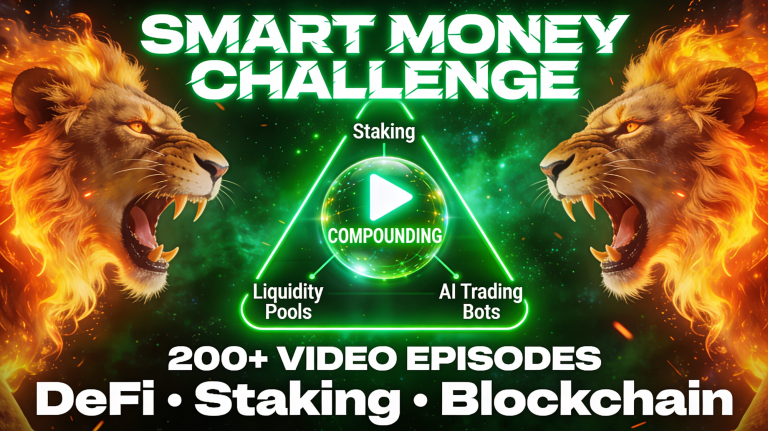 Smart Money Challenge DeFi staking liquidity pools AI trading bots 200+ video episodes lion thumbnail