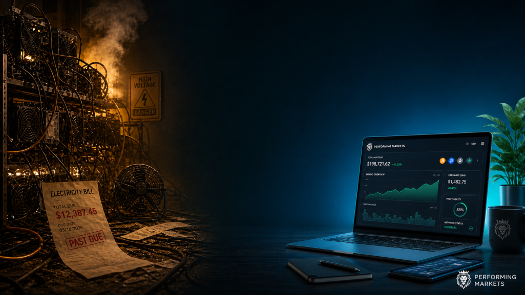 Crypto mining contrast image showing expensive old hardware on one side and a simple beginner-friendly digital crypto mining setup on the ot