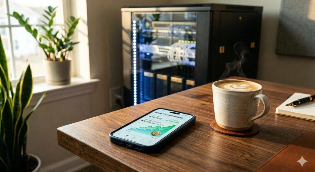 Smartphone on a wooden desk showing a rising crypto dashboard, beside a coffee cup, with a softly lit server cabinet in the background