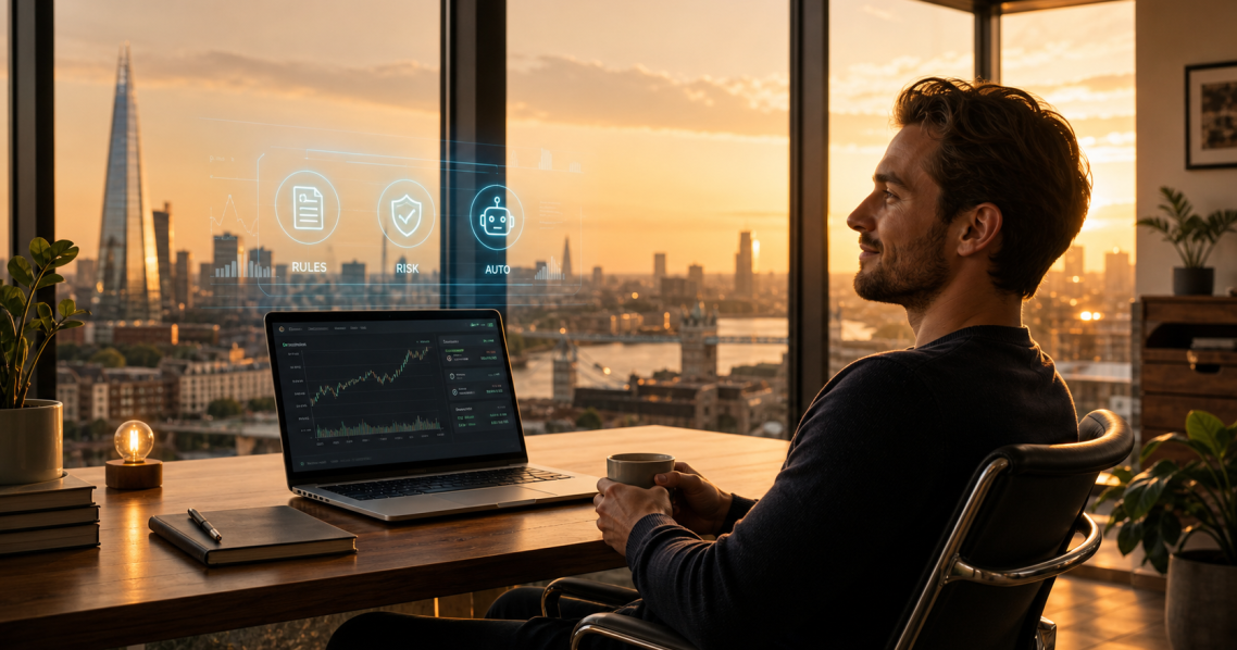 Hero image showing a modern trading dashboard with charts and a thoughtful figure, illustrating the risks and psychology behind smart trade 