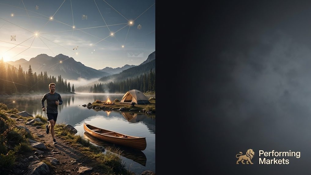 Trail runner, canoe and campfire by a mountain lake, representing Web3 education.