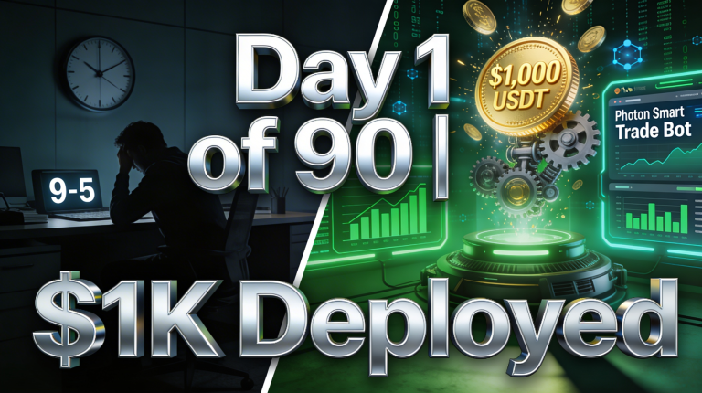 Photon Smart Trade Bot dashboard with $1,000 USDT deployed Day 1 of 90-day test