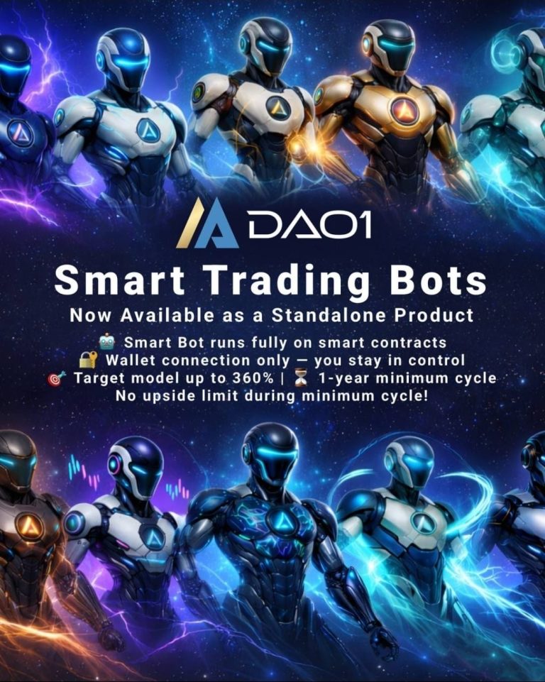 Futuristic DAO1 Smart Trade Bot promotional graphic for Wealth Tripod Leg 2 – neon blue/gold trading bots connected to wallets highlighting 