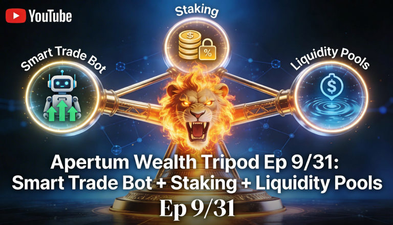 Apertum Wealth Tripod Episode 9 thumbnail showing Smart Trade Bot, staking, and liquidity pools with lion graphic