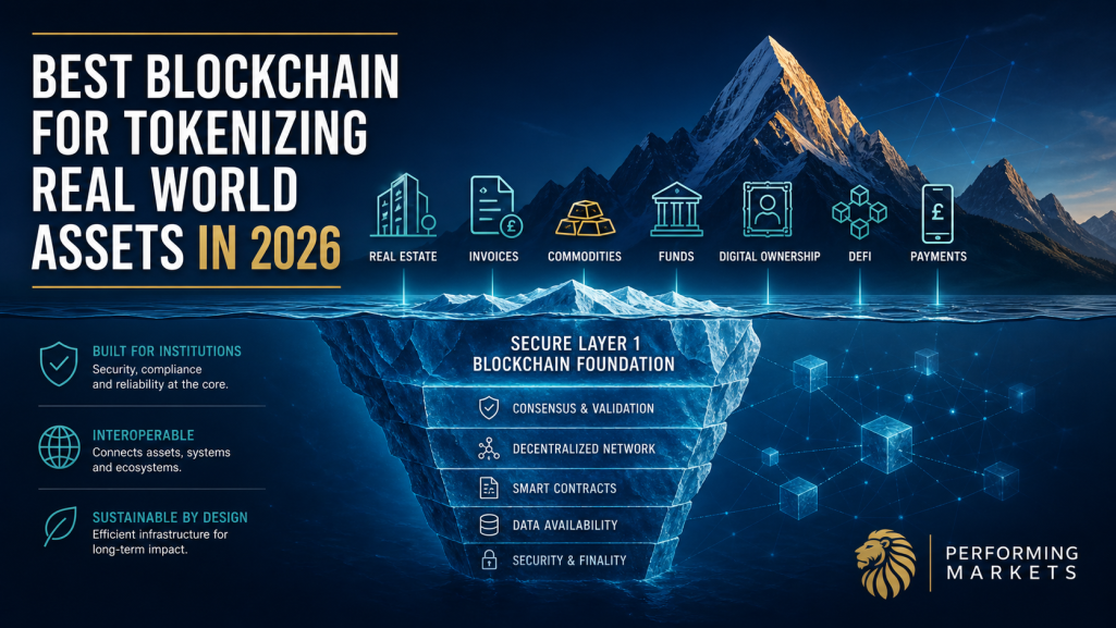 Illustration showing blockchain infrastructure supporting tokenised real estate, commodities, invoices, funds, DeFi, payments and digital ow