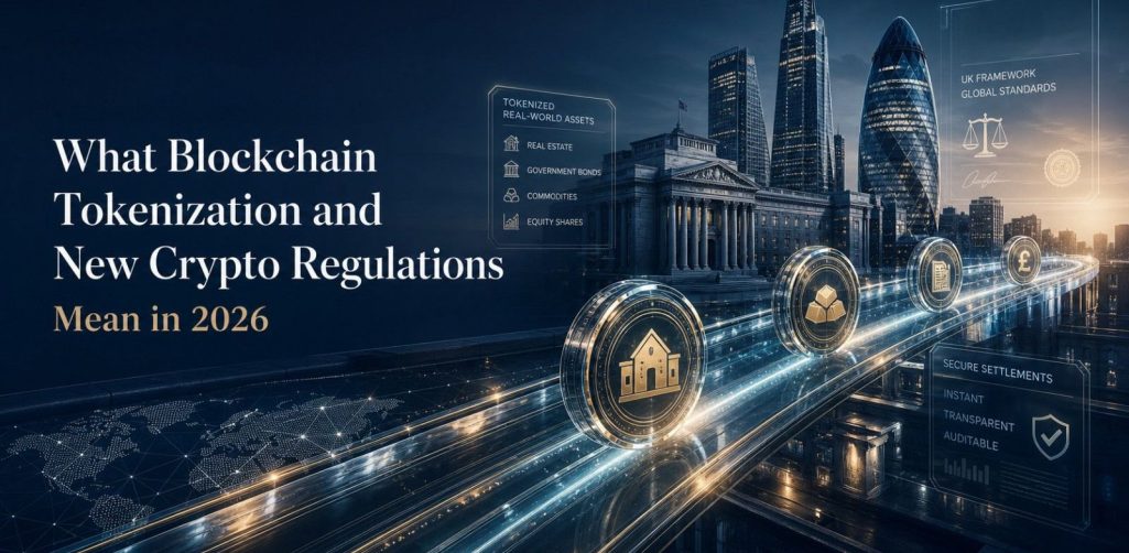 Clean hero image showing a subtle blockchain network with glowing token nodes on a dark navy background for an article about tokenization 