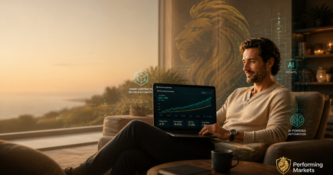 Relaxed person using a laptop with an automated smart trading bot dashboard, with a subtle golden lion Performing Markets logo in the corner