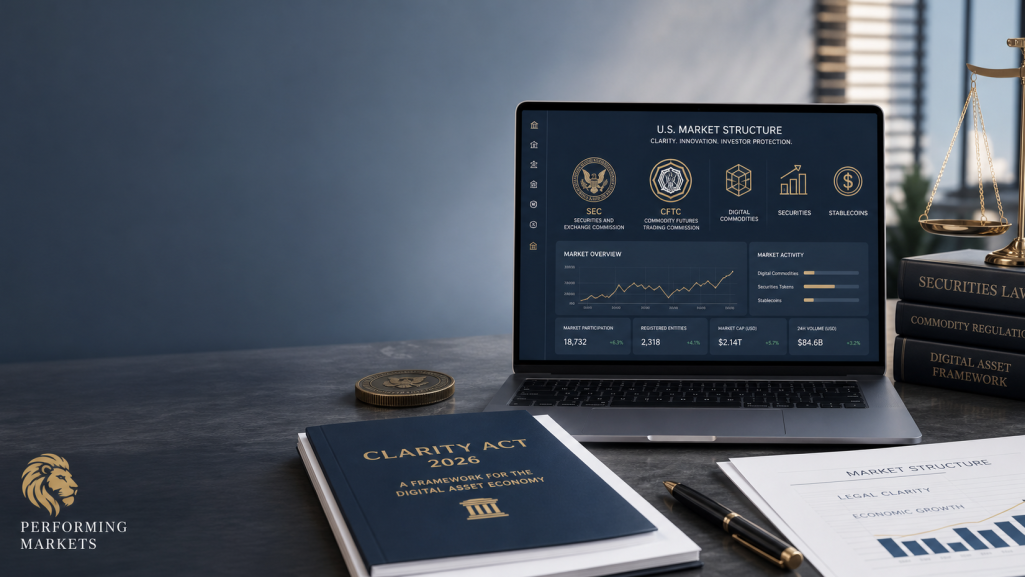 Editorial-style hero image about the Clarity Act for crypto in 2026, showing a modern regulation dashboard with SEC, CFTC, digital commoditi