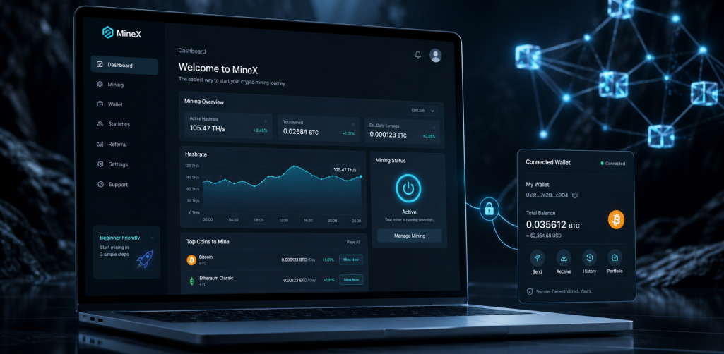 A premium dark hero image showing a wallet-connected Web3 crypto mining platform interface with blockchain network visuals.