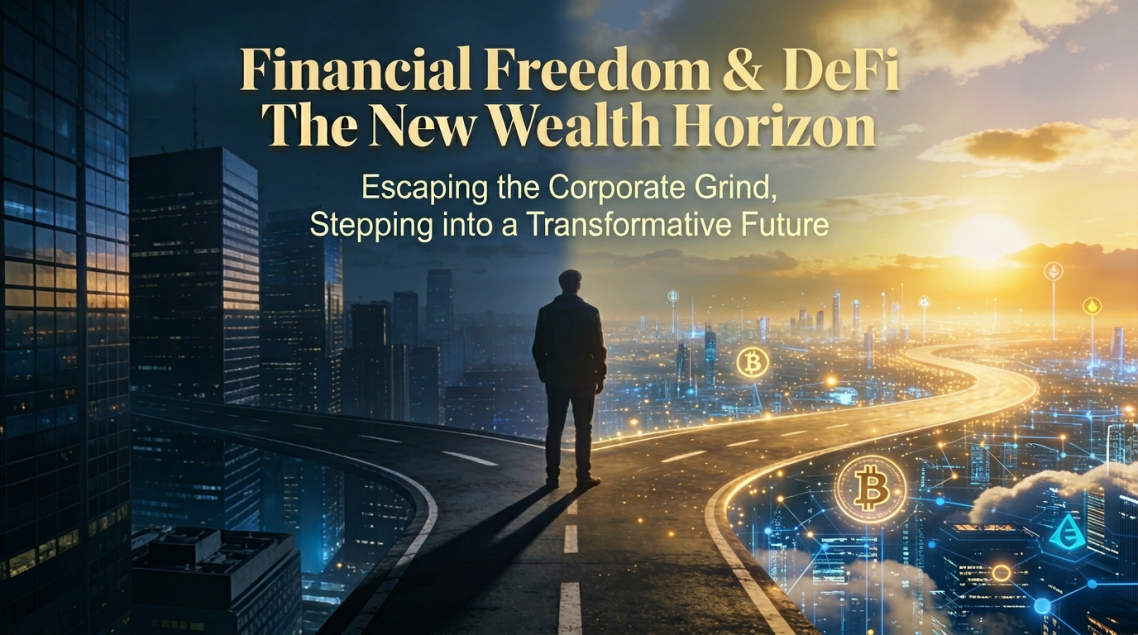 A cinematic hero image of a person standing at a crossroads between a dark corporate city and a glowing DeFi future, symbolizing financial 