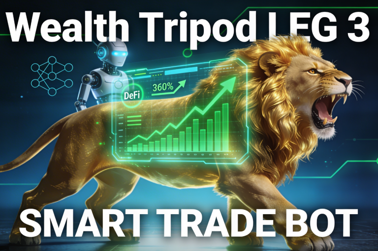 Futuristic DAO1 Smart Trade Bot promotional graphic for Wealth Tripod Leg 2 – neon blue/gold trading bots connected to wallets highlighting 
