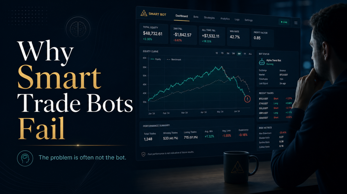 Hero image showing a modern trading dashboard with charts and a thoughtful figure, illustrating the risks and psychology behind smart trade 