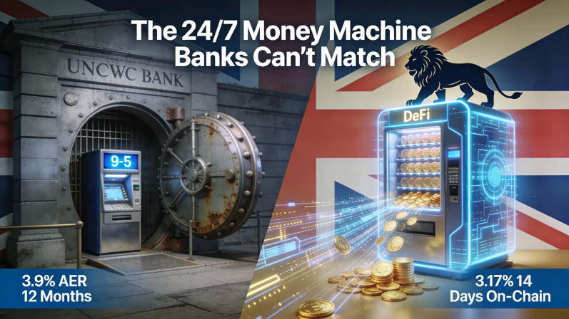 Split graphic comparing UK banks (3.90% AER Cash ISA, vault icon) vs DeFi protocol (3.17% in 14 days, blockchain network). Title: "DeFi vs B