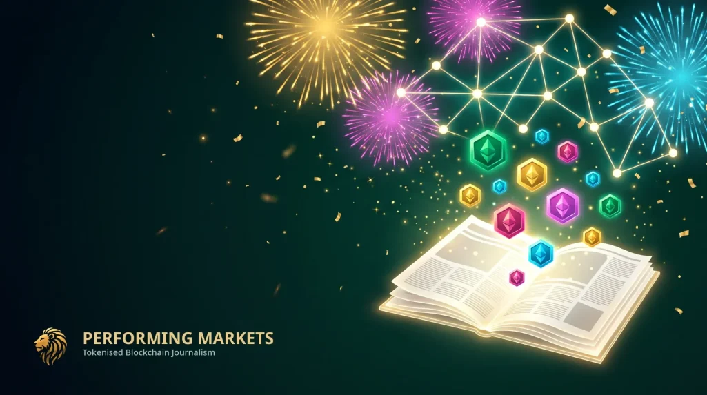 Fireworks over a glowing newspaper turning into blockchain tokens on the Apertum network