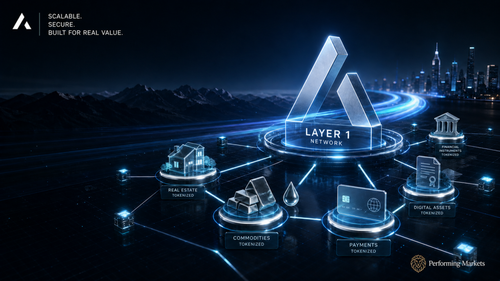 Performing Markets hero image showing a Layer 1 blockchain network with tokenized assets and fast secure settlement.