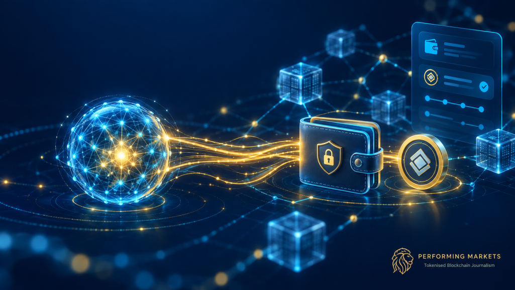 AI agent sending a blockchain payment through a secure digital wallet, with gold transaction streams and the Performing Markets lion logo
