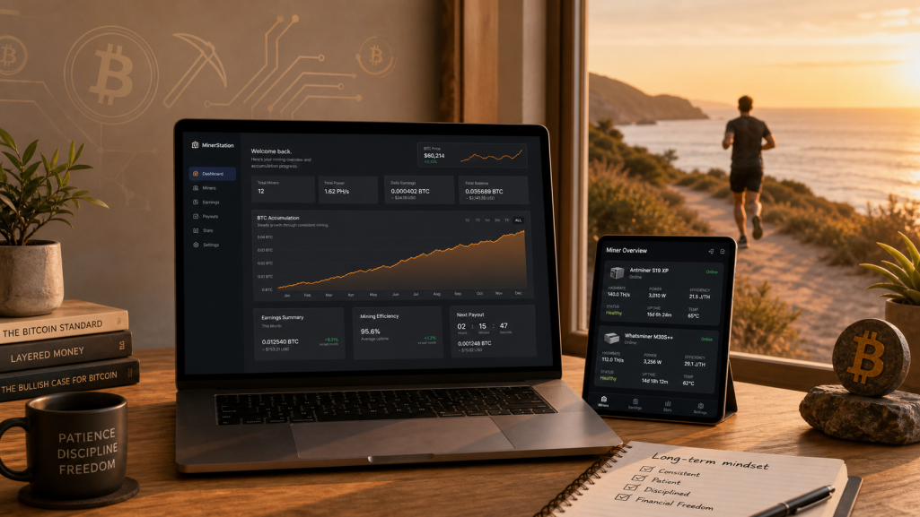 Calm home workspace showing a crypto mining dashboard on a laptop with rising accumulation charts, next to a phone, and a runner outside by 