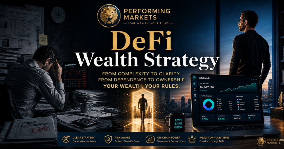 A premium DeFi wealth strategy banner featuring a smiling man in a dark suit beside a futuristic digital dashboard with rising charts, glowi