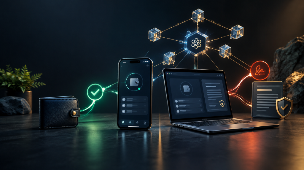 A professional dark-themed illustration showing a crypto wallet on a smartphone and laptop connected to a blockchain network