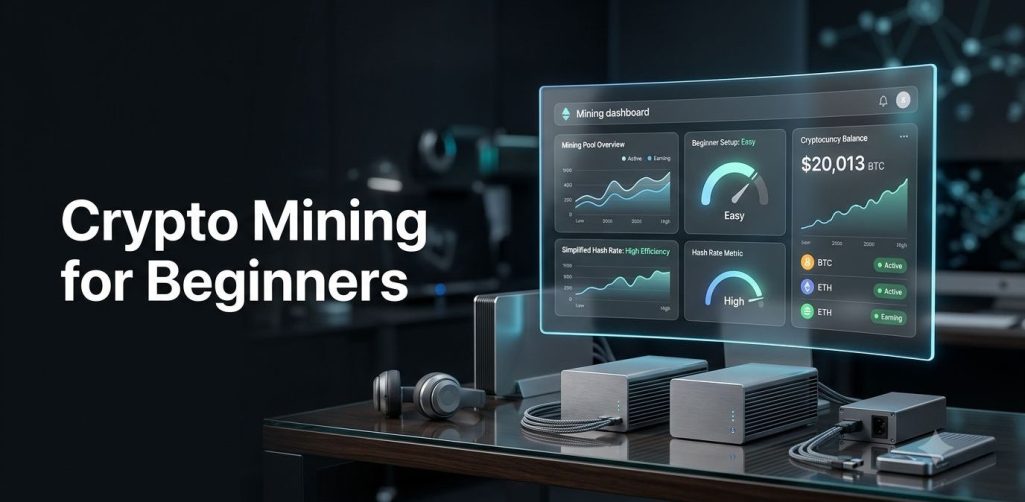 A sleek, futuristic crypto mining setup on a desk with a transparent digital screen displaying a "Mining dashboard" alongside the text "Cryp