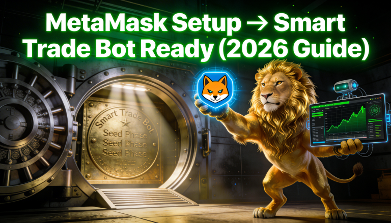 Golden lion holding MetaMask wallet and Smart Trade Bot dashboard with rising charts, vaulted metal seed phrase backup in background. Title 