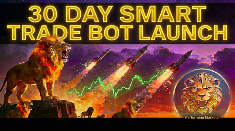 Smart Trade Bot 30-Day Launch lion rocket hero image with Performing Markets logo - automated crypto trading