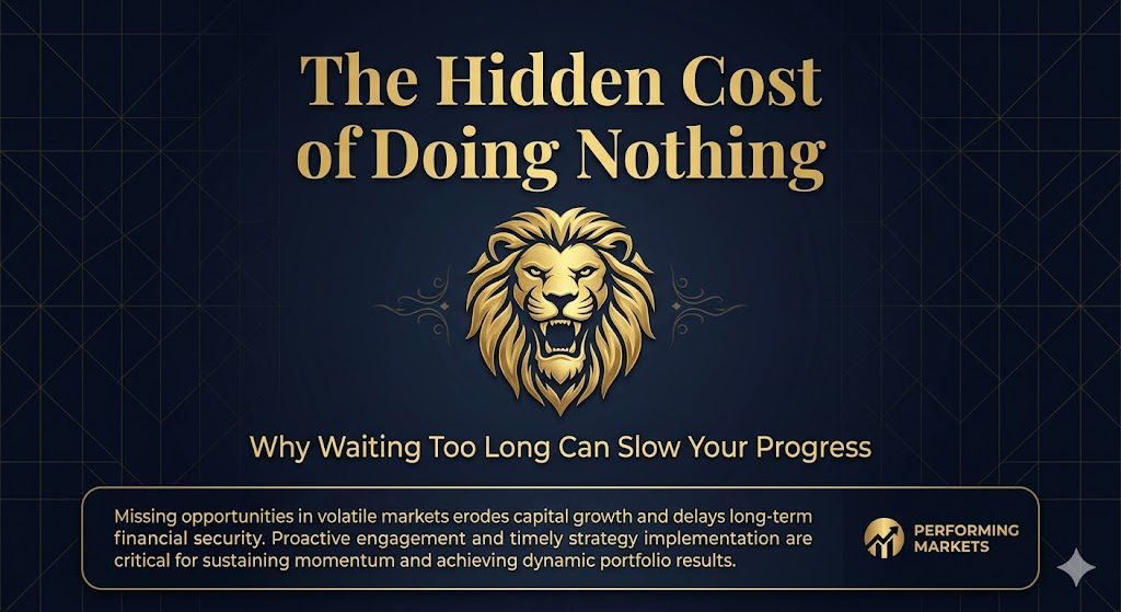 Dark navy and gold promotional graphic for Performing Markets titled “The Hidden Cost of Doing Nothing,” featuring a golden lion logo, the s