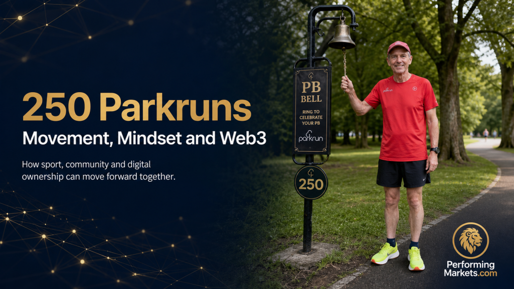 David Ingham celebrating his 250 Parkrun milestone beside the PB Bell, connecting sport, community, Web3 and PerformingMarkets.com.