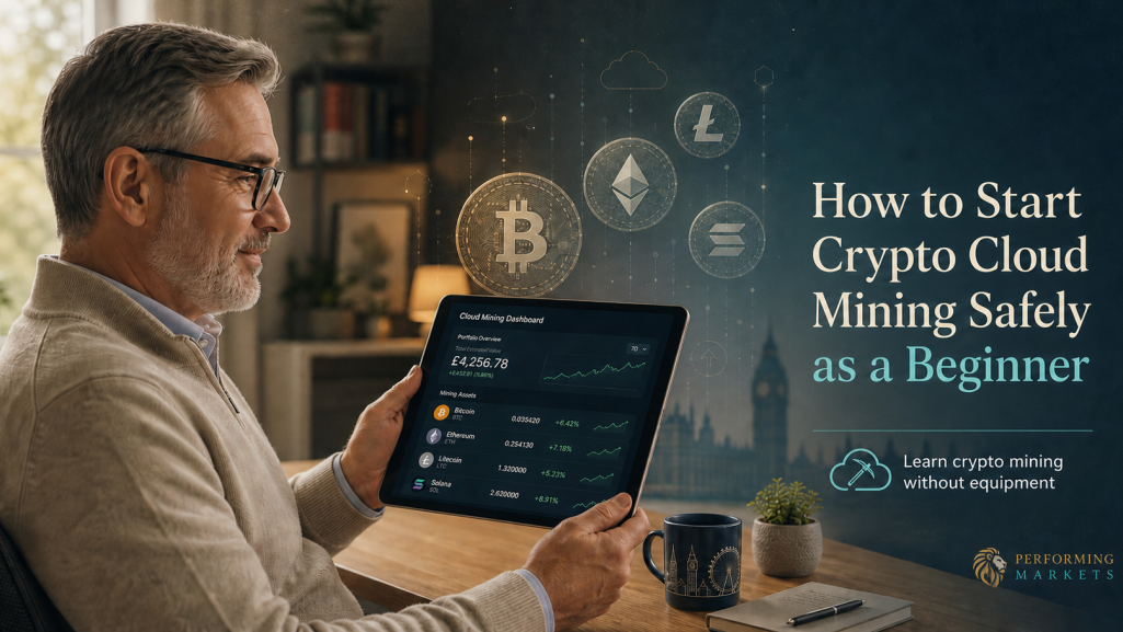 A calm professional reviews a crypto mining dashboard on a tablet, with the Performing Markets lion logo in the bottom-right corner.