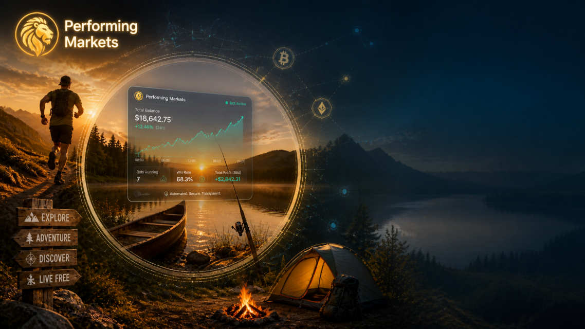 Wide hero image showing a trail runner, mountains, a canoe on a sunrise lake, a tent by a campfire and forest paths, 