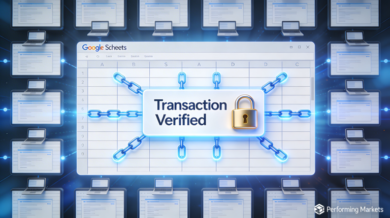 Blockchain explained as shared Google Sheet with verifying nodes