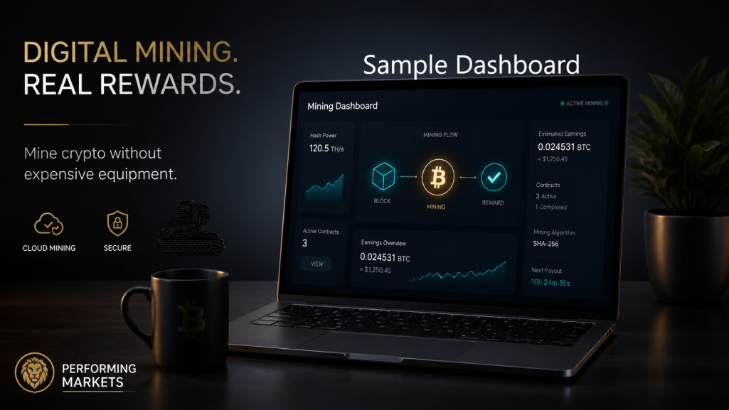 Digital crypto mining dashboard on a sleek laptop with a discreet Performing Markets lion logo.
