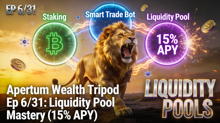 Apertum Wealth Tripod Ep 6/31 Liquidity Pool tutorial with staking smart bot DeFi icons and lion