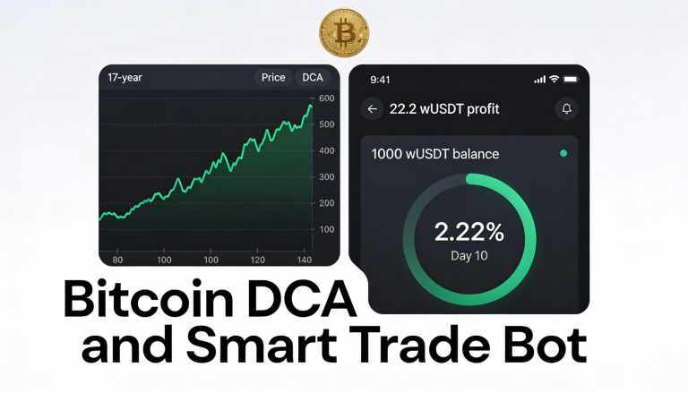 Bitcoin DCA performance chart over 17 years next to Day 10 Smart Trade Bot dashboard showing 22.2 wUSDT profit on 1000 wUSDT balance on chai