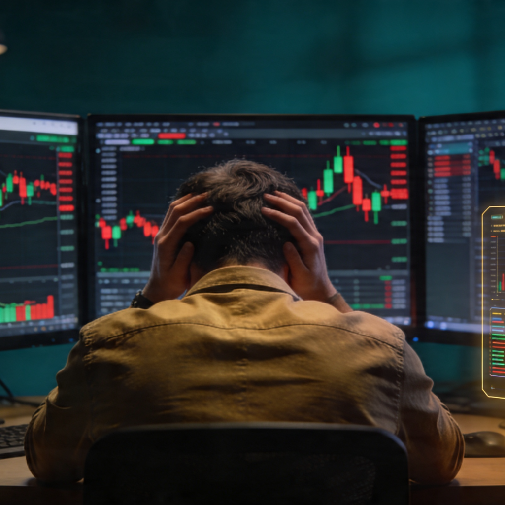 A crypto trader sitting at a desk at night, staring at multiple trading charts while a glowing automation system beside the screens represen