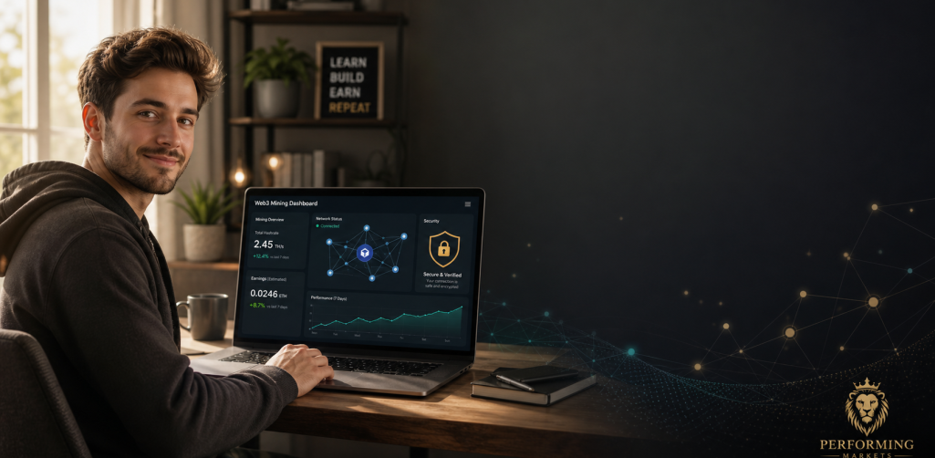 A beginner views a secure Web3 mining dashboard on a laptop in a modern workspace, with subtle blockchain graphics and the Performing Market