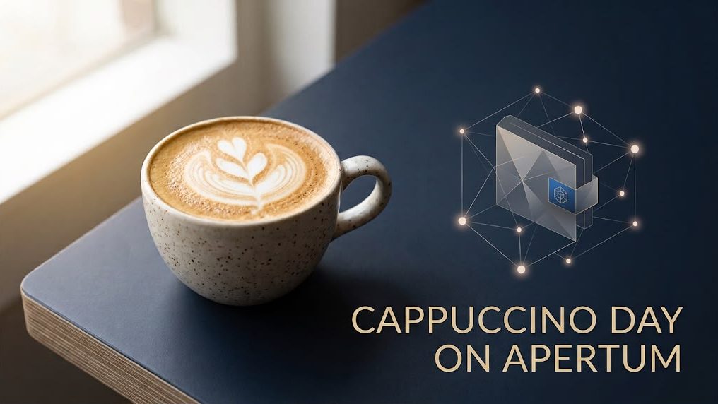 Cappuccino beside a refined digital blockchain wallet graphic with the words “Cappuccino Day on Apertum,” representing crypto education, dol