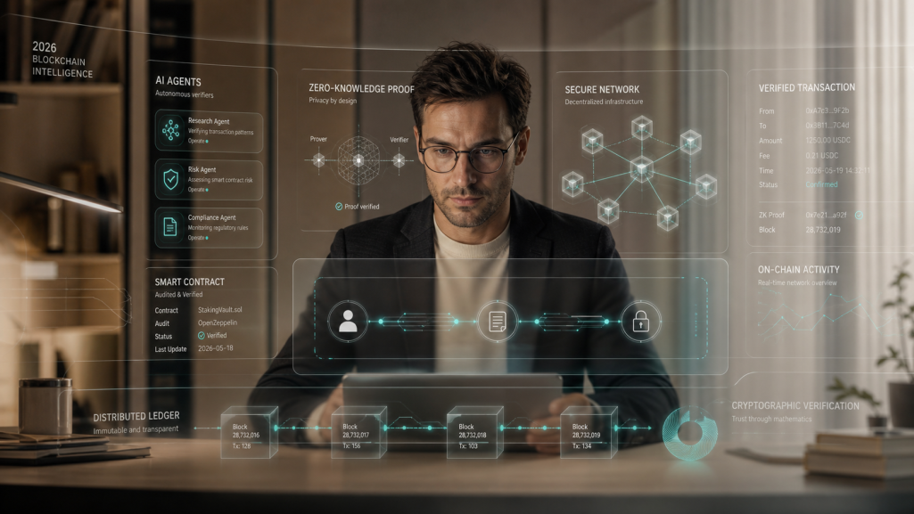 Editorial illustration of blockchain technology in 2026 with AI agents, zero-knowledge proofs, and secure digital networks.