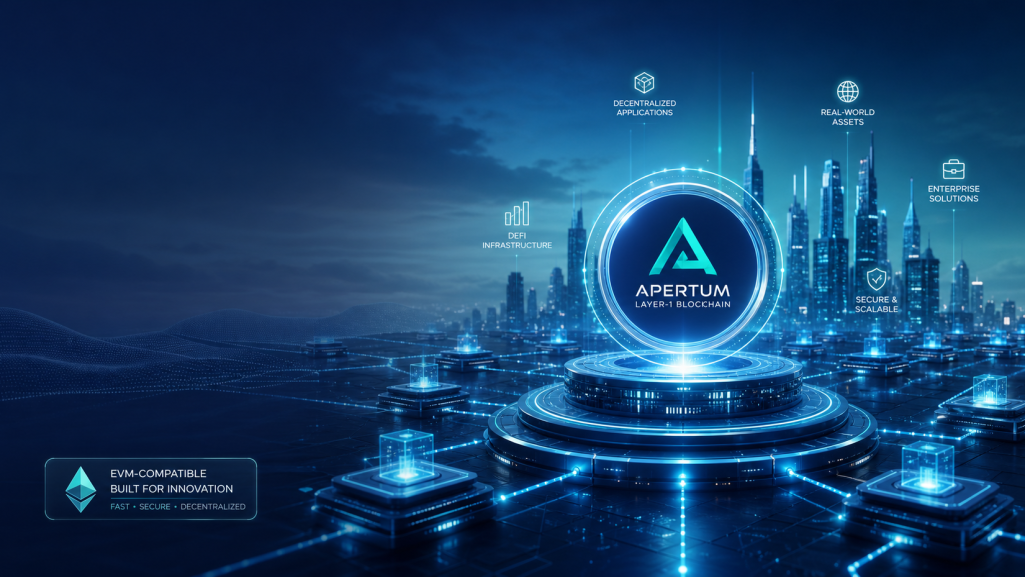 Futuristic blockchain network graphic representing Apertum as an EVM-compatible Layer-1 on Avalanche