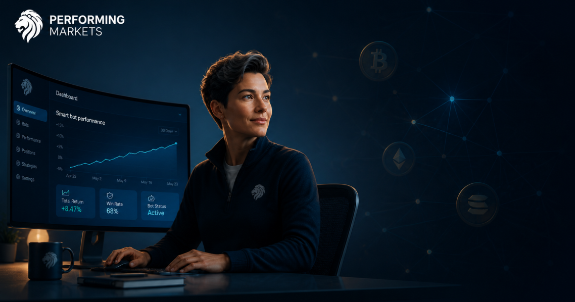 A premium DeFi wealth strategy banner featuring a smiling man in a dark suit beside a futuristic digital dashboard with rising charts, glowi