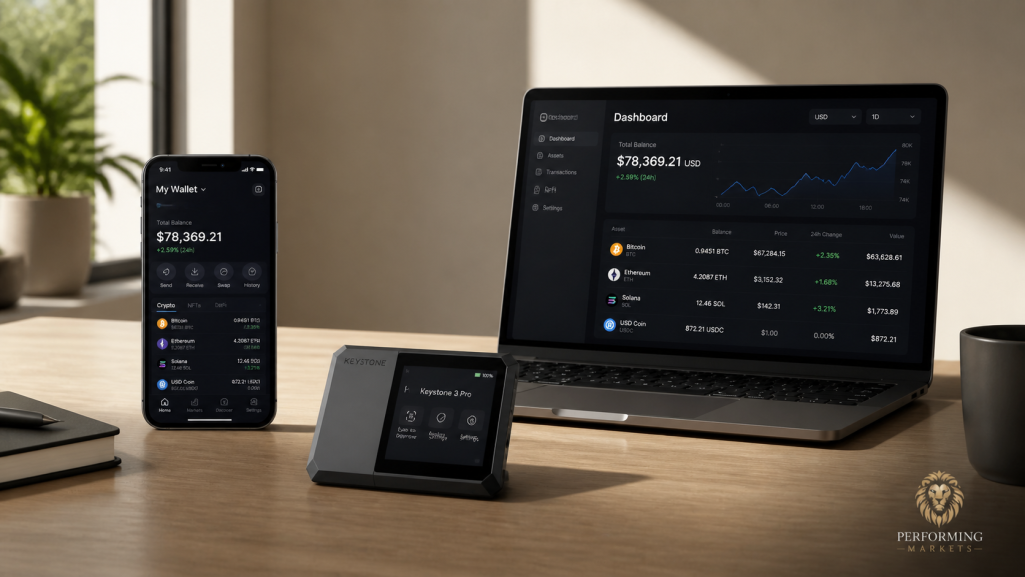 Web3 wallet setup with a Keystone 3 Pro hardware wallet, smartphone, and laptop on a clean desk, with the Performing Markets lion logo 