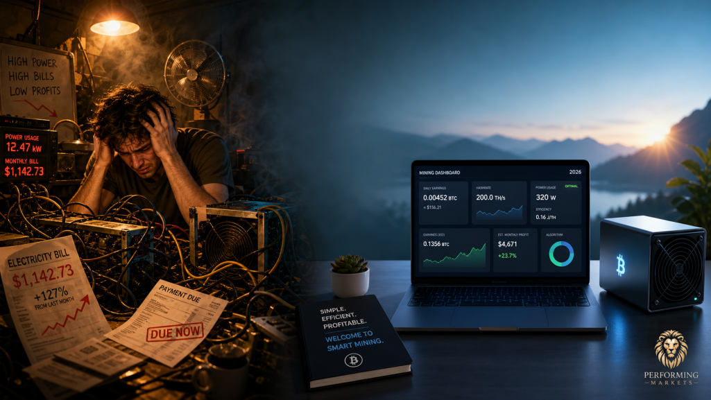 Cinematic split-scene showing stressful old crypto mining hardware on one side and a calm beginner-friendly digital crypto mining setup on t