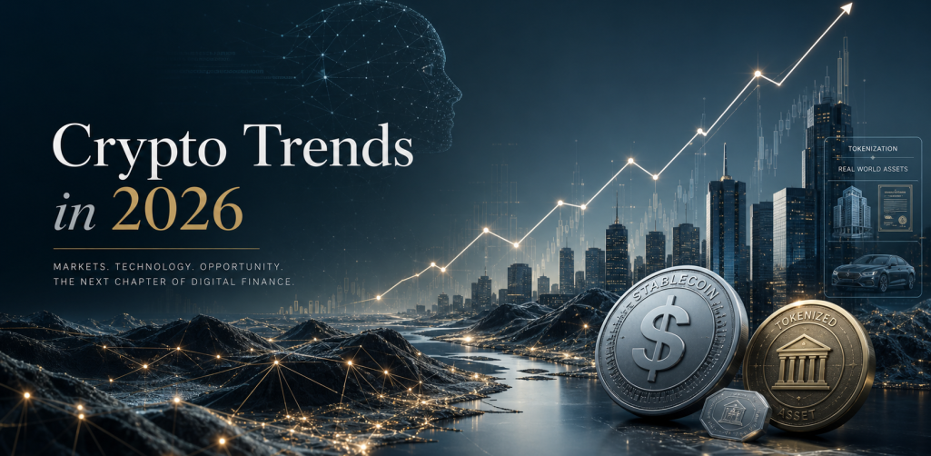 Premium crypto market hero image showing 2026 trends with blockchain nodes and financial charts
